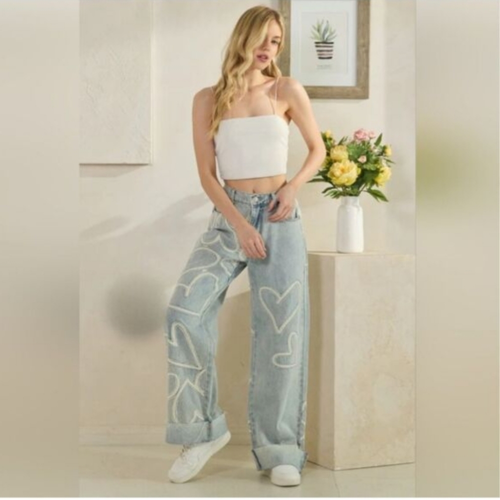 Oli & Hali Washed Heart Patched Straight Leg Jeans Medium